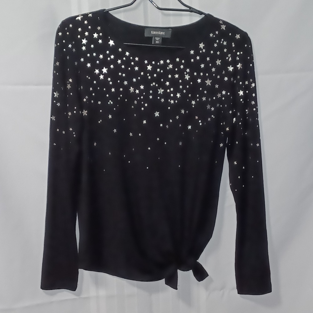 Karen Kane Top Womens XS Black Silver Foil Star Print Side Tie Long Sleeve Knit‎